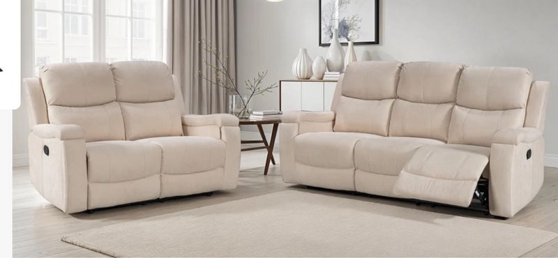 CLEARANCE- 2 + 3 SEATER RECLINER SOFA IN BEIGE FABRIC