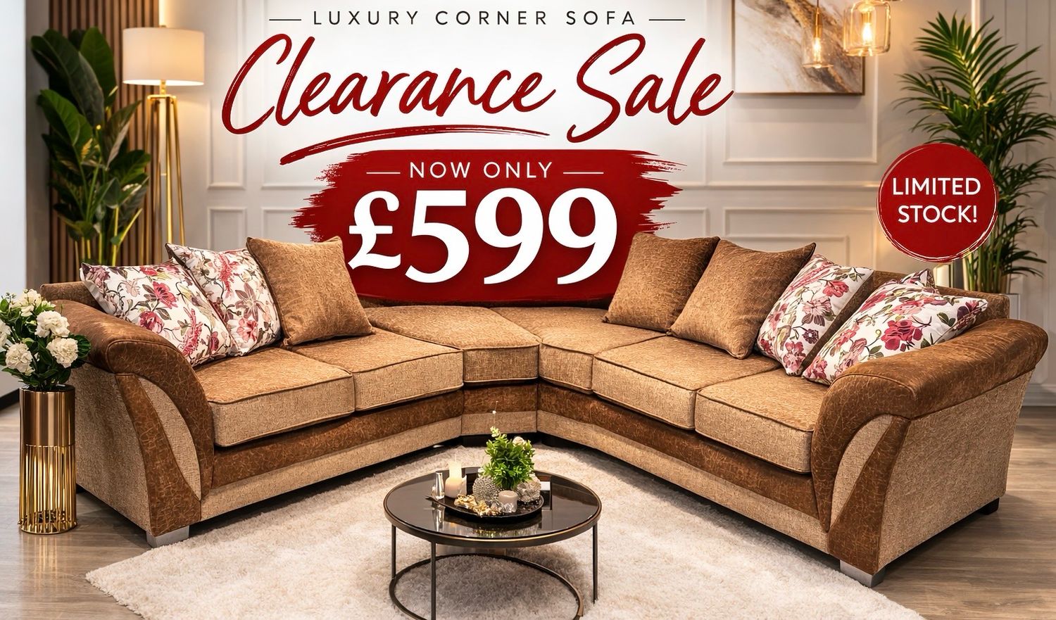 CLEARANCE- FARROW CORNER SOFA 5 SEATER - UNIVERSAL - RIGHT OR LEFT CORNER- Available In Brown