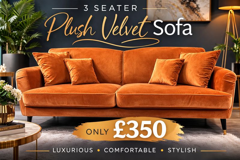 CLEARANCE- Plush Velvet 3 Seater Sofa In Orange/mustard
