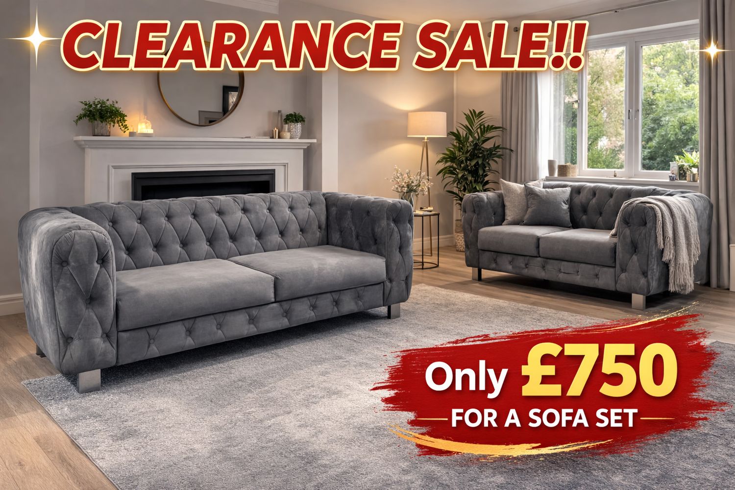 CLEARANCE- Chesterfield Plush Velvet 3 + 2 Seater Sofa In Grey
