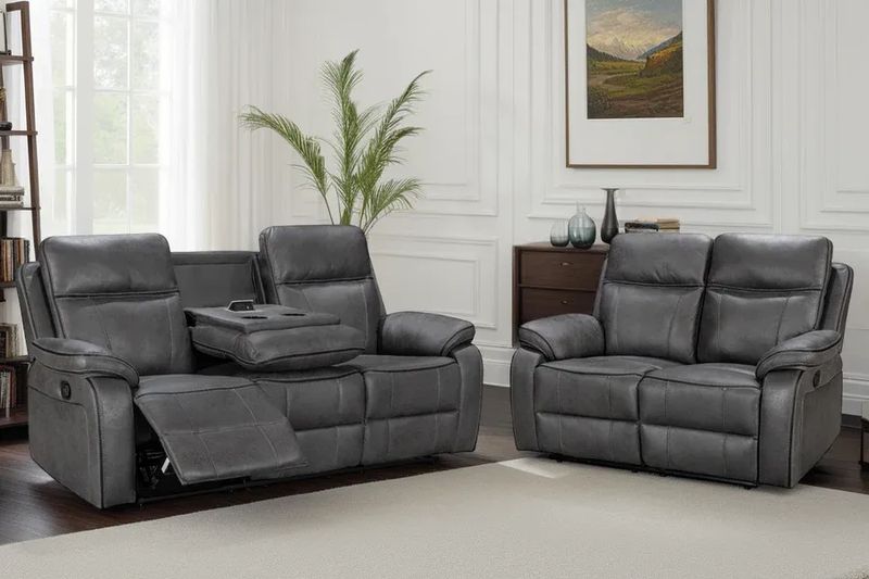 Electric Faux Leather Grey 3 + 2 Seater Recliner Sofa Set with stitching