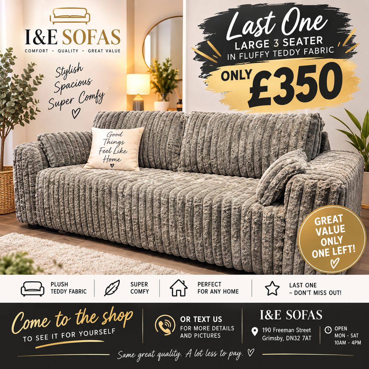 CLEARANCE- Teddy Fabric Plush 3 Seater Sofa In Grey