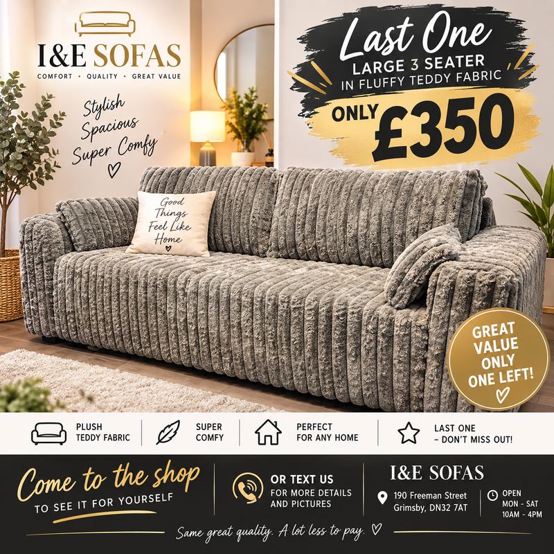 CLEARANCE- Teddy Fabric Plush 3 Seater Sofa In Grey CLEARANCE- Teddy Fabric Plush 3 Seater Sofa In Grey