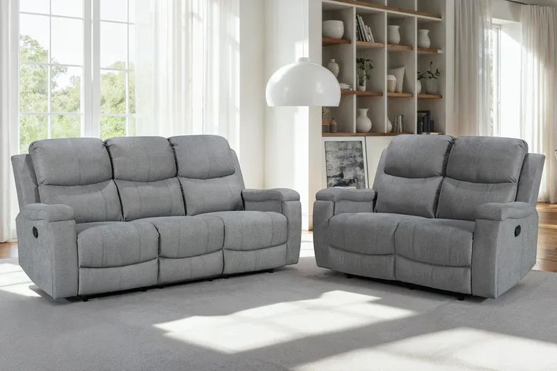 Chenille Fabric 3 + 2 Seater Manual Recliner Sofa Set (Dark Grey, Light Grey And Beige)