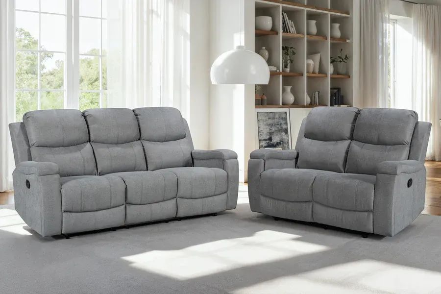 Chenille Fabric 3 + 2 Seater Manual Recliner Sofa Set (Dark Grey, Light Grey And Beige)