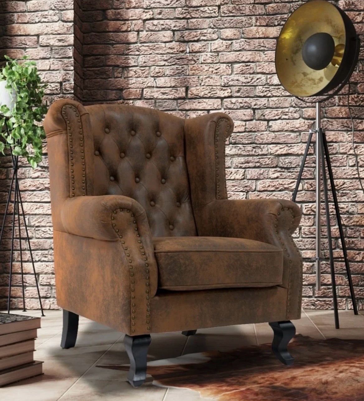 Faux Leather Suede Grey Or Brown Wing Back Chair with Buttons Faux Leather Suede Grey Or Brown Wing Back Chair with Buttons