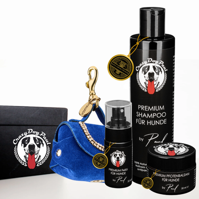 Exklusives Geschenk für Hunde - Premium Fellpflege für Hunde mit MiniBag Kotbeutelspender AMALFI aus weichem Wildleder für die Hundeleine