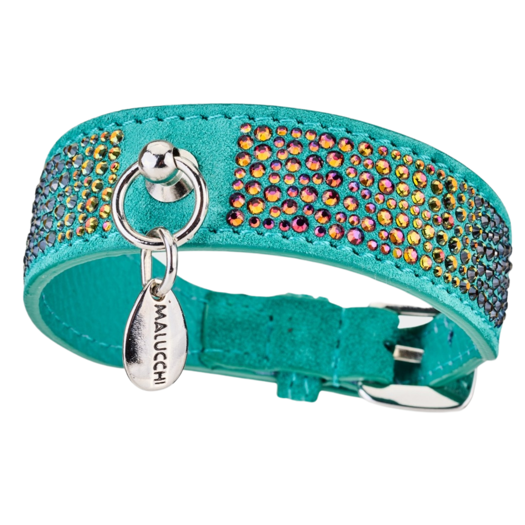 Hundehalsband VOLCANO aus Wildleder, Futter aus weichem italienischem Kalbsleder, Verziert mit funkelnden Swarovski-Elementen, Farbe: smaragd-grün