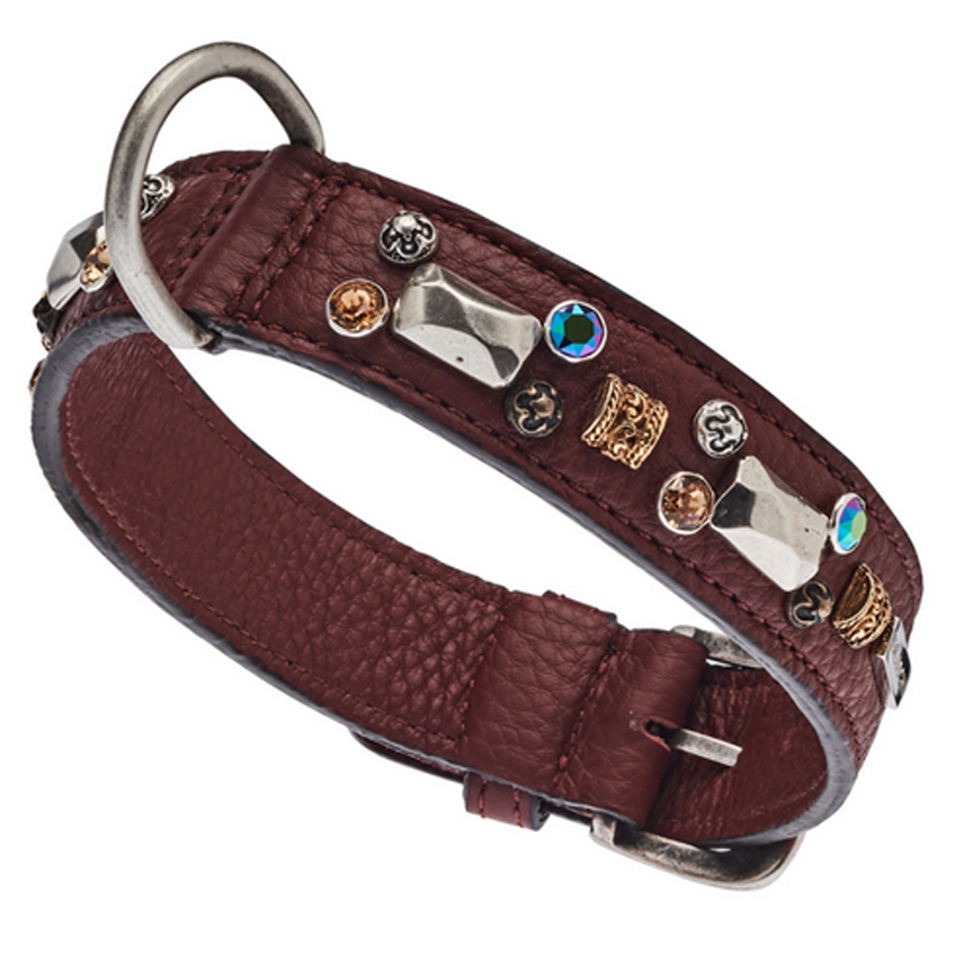 Hundehalsband PETRA by Malucchi - Farbe:  Braun, aus weichen Leder, Swarovski-Steinen, Breite: 3 cm  - für mittelgroße Hunde