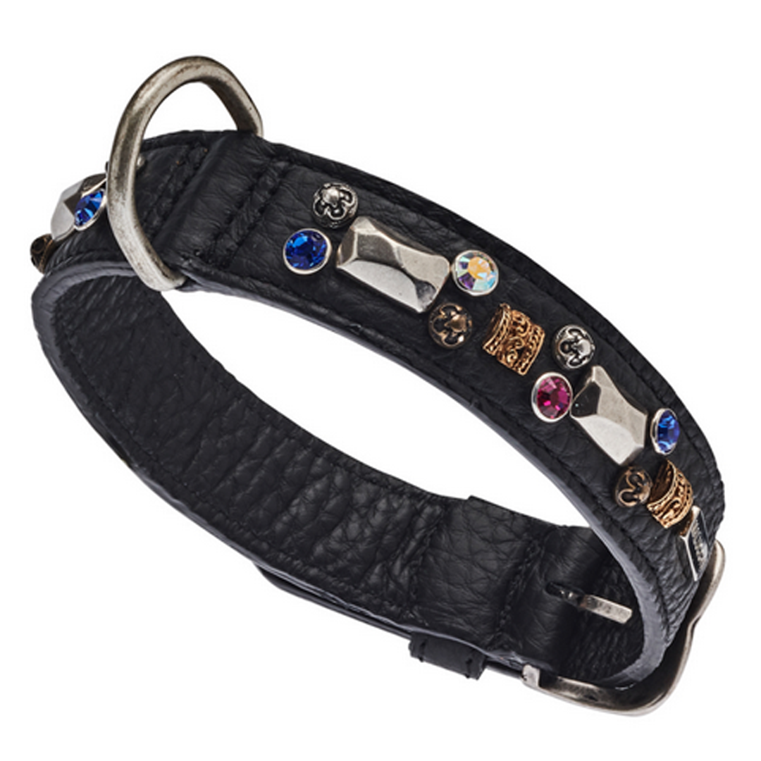 Hundehalsband PETRA by Malucchi - Farbe:  Schwarz, aus weichen Leder, Swarovski-Steinen, Breite: 3 cm  - für mittelgroße Hunde