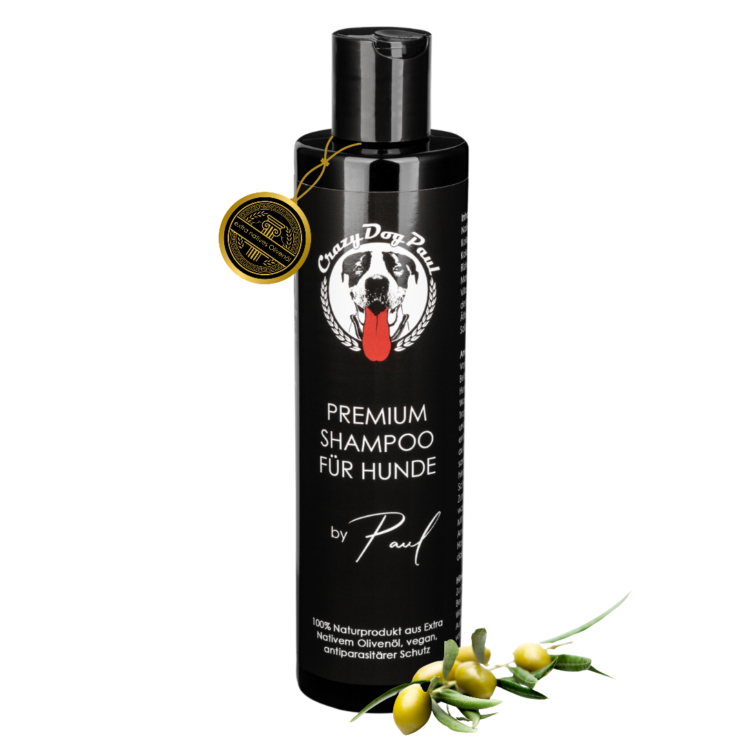 Premium Hundeshampoo für sensible und empfindliche Hundehaut mit Schutz vor Zecken, Flöhen, Läusen & Milben - aus Olivenöl