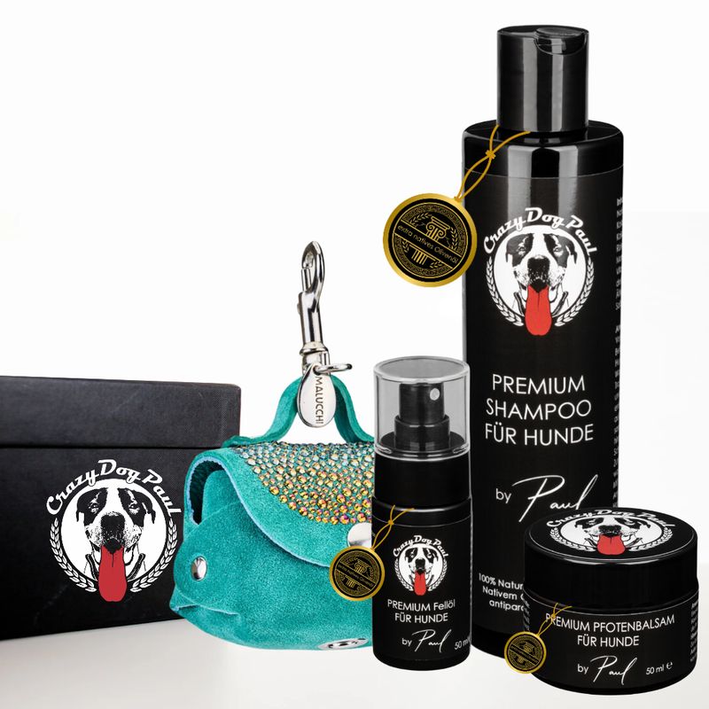 Hunde Fellpflege aus Olivenöl - Geschenkbox VOLCANO mit MiniBag, Kotbeutelspender aus weichem Wildleder Hunde Fellpflege aus Olivenöl - Geschenkbox VOLCANO mit MiniBag, Kotbeutelspender aus weichem Wildleder