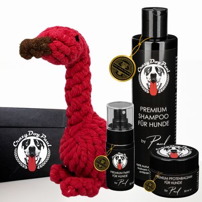 Fellpflege Geschenkbox FLAMINGO für Hunde mit Spielzeug-Flamingo