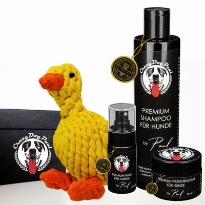 Fellpflege Geschenkbox für Hunde mit Spielzeug-Ente