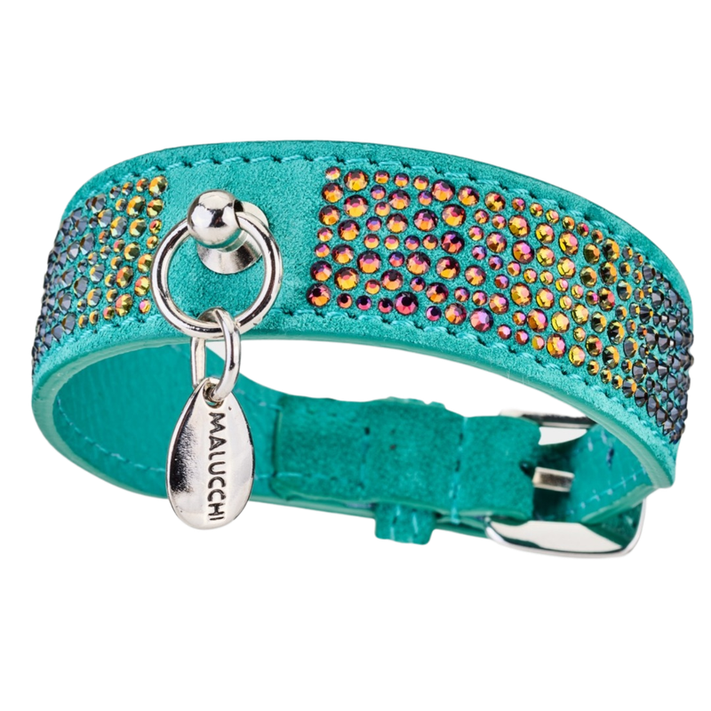 Hundehalsband VOLCANO aus Wildleder, Futter aus weichem italienischem Kalbsleder, Verziert mit funkelnden Swarovski-Elementen, Farbe: smaragd-grün Hundehalsband VOLCANO aus Wildleder, Futter aus weichem italienischem Kalbsleder, Verziert mit funkelnden Swarovski-Elementen, Farbe: smaragd-grün