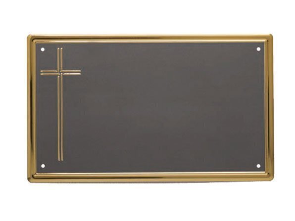 Placas planas de aluminio con fondo de plata patinada, orla de oro pulido y cruz relieve