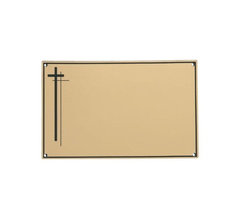 Placa plana rectangular de aluminio con fondo dorado y borde negro con cruz