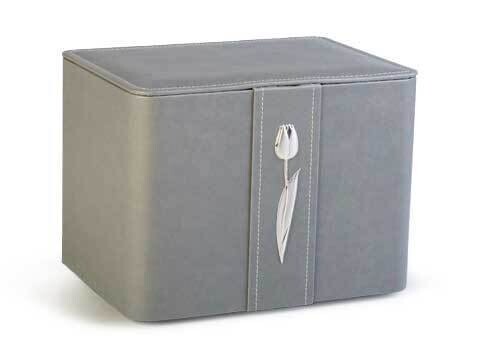 Urna cineraria de polipiel gris con decoración tulipán plata