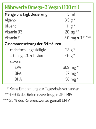 Omega-3 Öl Vegan mit pflanzlichem Algenöl und Olivenöl
