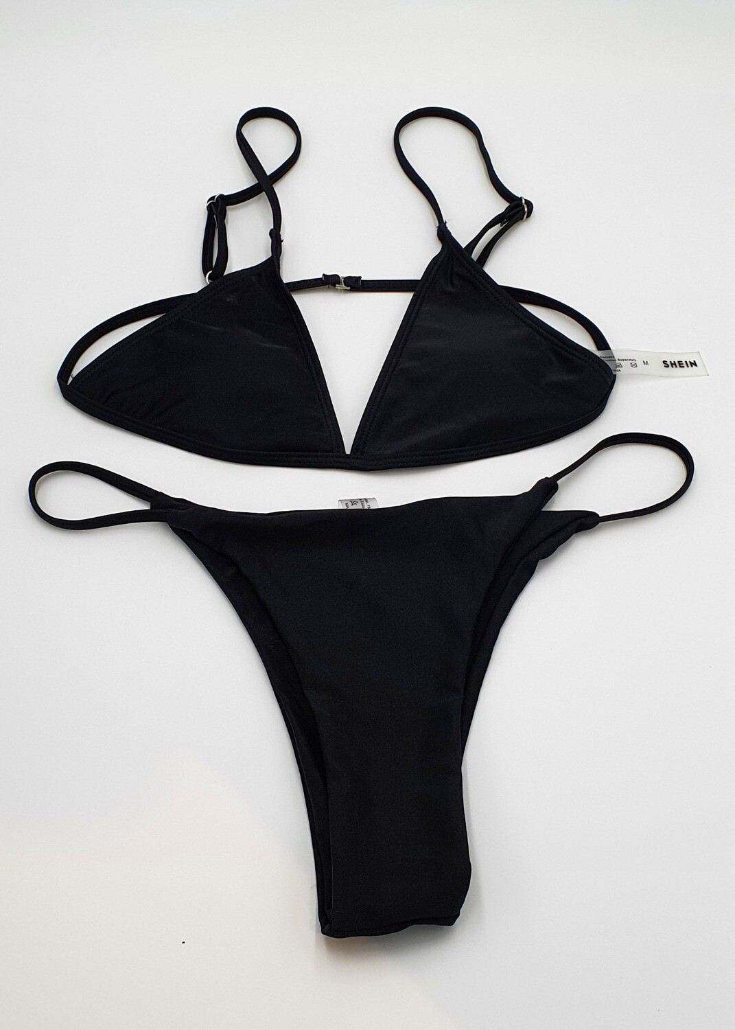 SheIn Damen Bikini-Set Spaghettiträger Hoher Ausschnitt Tanga Bademode zweiteiliger Swimsuit schwarz Gr. M