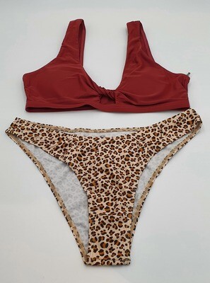SheIn Damen Bikini-Set Träger Hoher Ausschnitt Tanga Bademode zweiteiliger Swimsuit beige getigert / rotbraun Gr. M