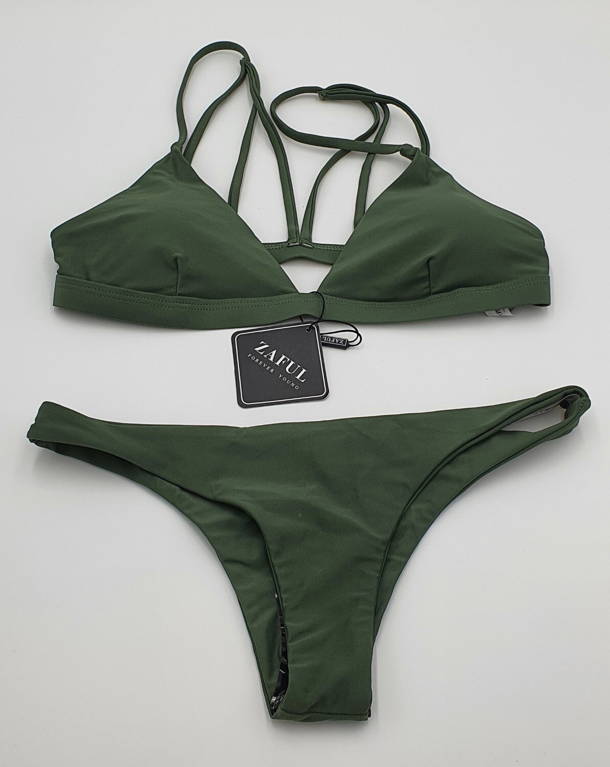 ZAFUL Damen Bikini Set gepolstert mit Spaghetti-Trägern und Tanga Bikini Höschen Gr. 38 grün