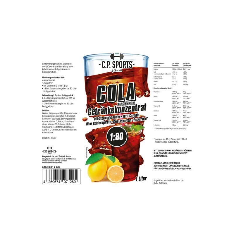 Getränkekonzentrat zuckerfrei Sport Liquid C.P. Sports Cola 1 Liter