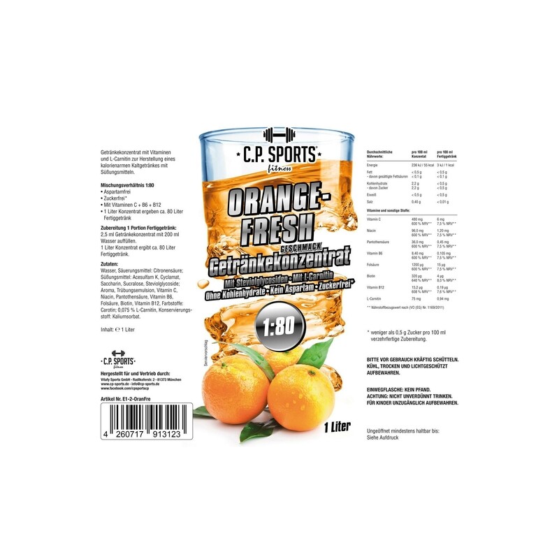 Getränkekonzentrat zuckerfrei Sport Liquid C.P. Sports Orange Fresh 1 Liter