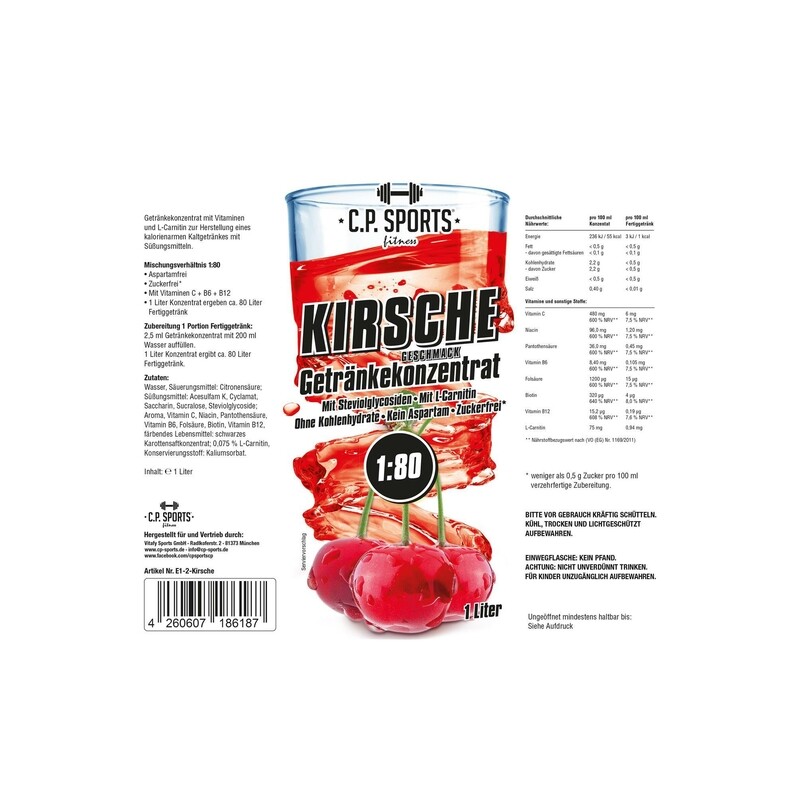 Getränkekonzentrat zuckerfrei Sport Liquid C.P. Sports Kirsche 1 Liter