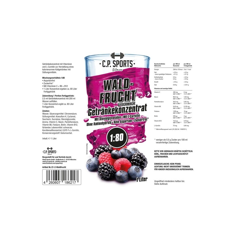 Getränkekonzentrat zuckerfrei Sport Liquid C.P. Sports Waldfrucht 1 Liter