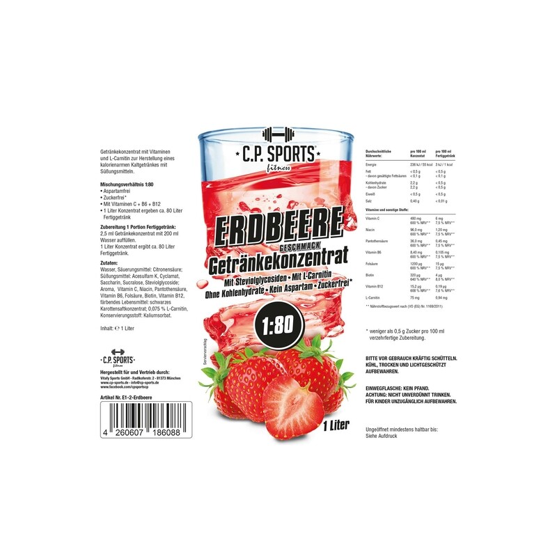 Getränkekonzentrat zuckerfrei Sport Liquid C.P. Sports Erdbeere 1 Liter