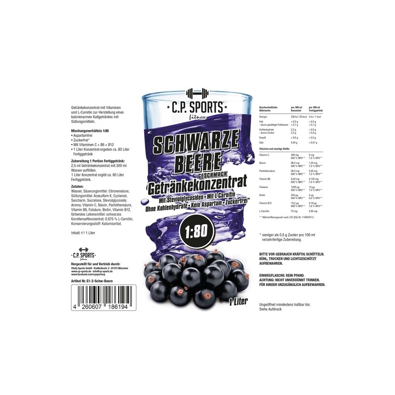 Getränkekonzentrat zuckerfrei Sport Liquid C.P. Sports schwarze Johannisbeere 1 Liter