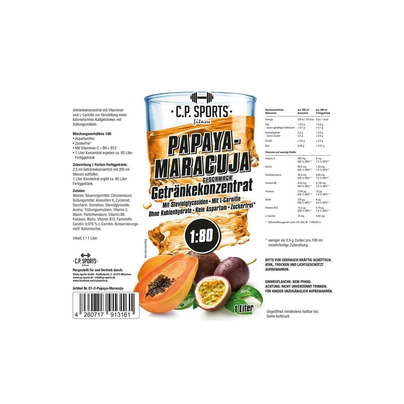Getränkekonzentrat zuckerfrei Sport Liquid C.P. Sports Papaya Maracuja 1 Liter