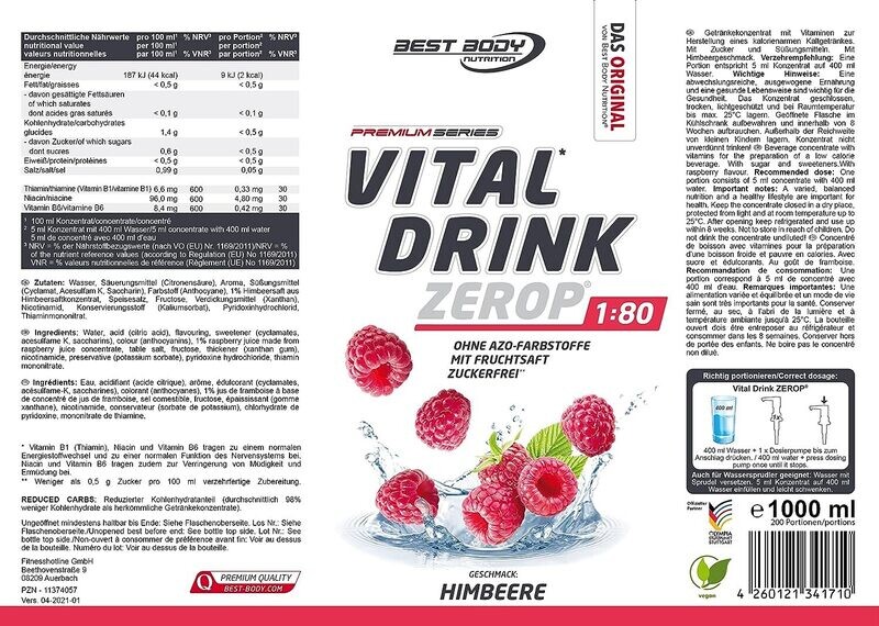 Getränkekonzentrat zuckerfrei Best Body Nutrition Vital Drink ZEROP® - Himbeere 1:80 1 Liter ergibt 80 Liter Fertiggetränk