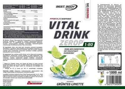 Getränkekonzentrat zuckerfrei Best Body Nutrition Vital Drink ZEROP® - Grüntee-Limette 1:80 1 Liter ergibt 80 Liter Fertiggetränk