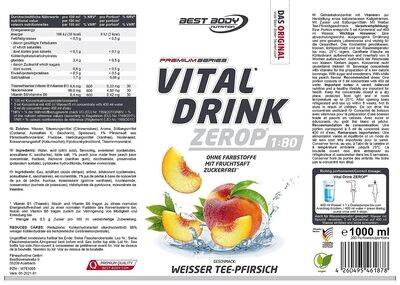 Getränkekonzentrat zuckerfrei Best Body Nutrition Vital Drink ZEROP® - Weißer Tee-Pfirsich 1:80 1 Liter ergibt 80 Liter Fertiggetränk