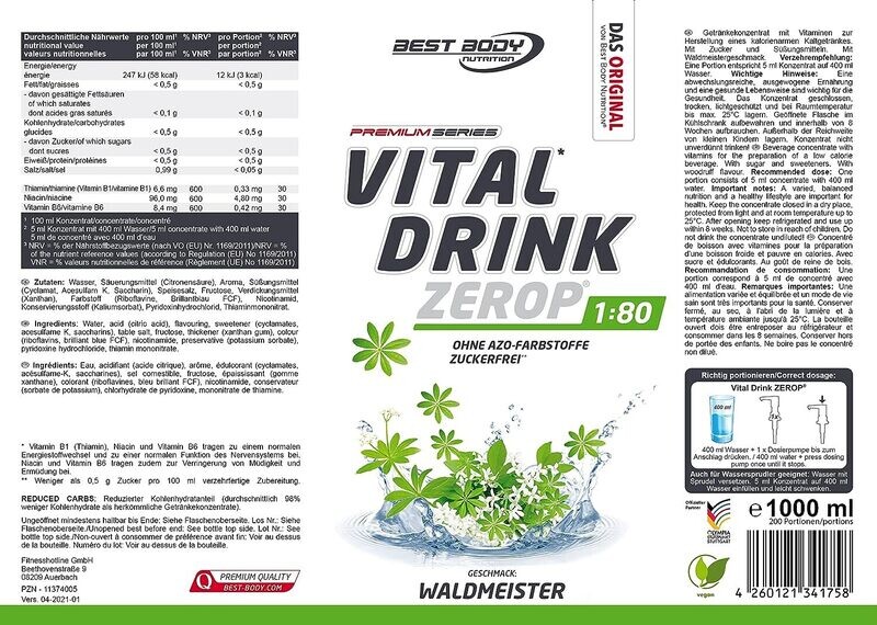 Getränkekonzentrat zuckerfrei Best Body Nutrition Vital Drink ZEROP® - Waldmeister 1:80 1 Liter ergibt 80 Liter Fertiggetränk