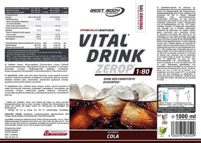 Getränkekonzentrat zuckerfrei Best Body Nutrition Vital Drink ZEROP® - Cola 1:80 1 Liter ergibt 80 Liter Fertiggetränk