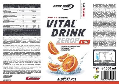 Getränkekonzentrat zuckerfrei Best Body Nutrition Vital Drink ZEROP® - Blutorange 1:80 1 Liter ergibt 80 Liter Fertiggetränk