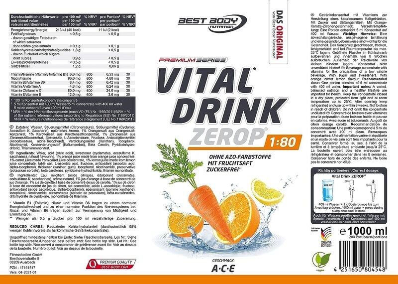 Getränkekonzentrat zuckerfrei Best Body Nutrition Vital Drink ZEROP® - A-C-E 1:80 1 Liter ergibt 80 Liter Fertiggetränk