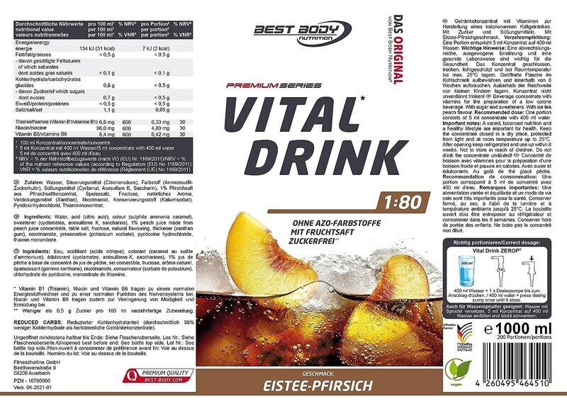Getränkekonzentrat zuckerfrei Best Body Nutrition Vital Drink ZEROP® - Eistee-Pfirsich 1:80 1 Liter ergibt 80 Liter Fertiggetränk