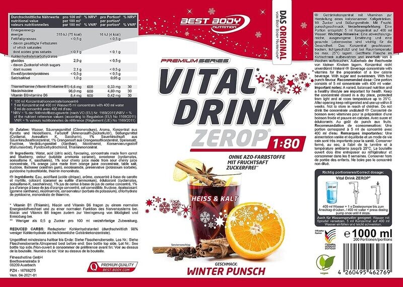 Getränkekonzentrat zuckerfrei Best Body Nutrition Vital Drink ZEROP® - Winter Punsch 1:80 1 Liter ergibt 80 Liter Fertiggetränk