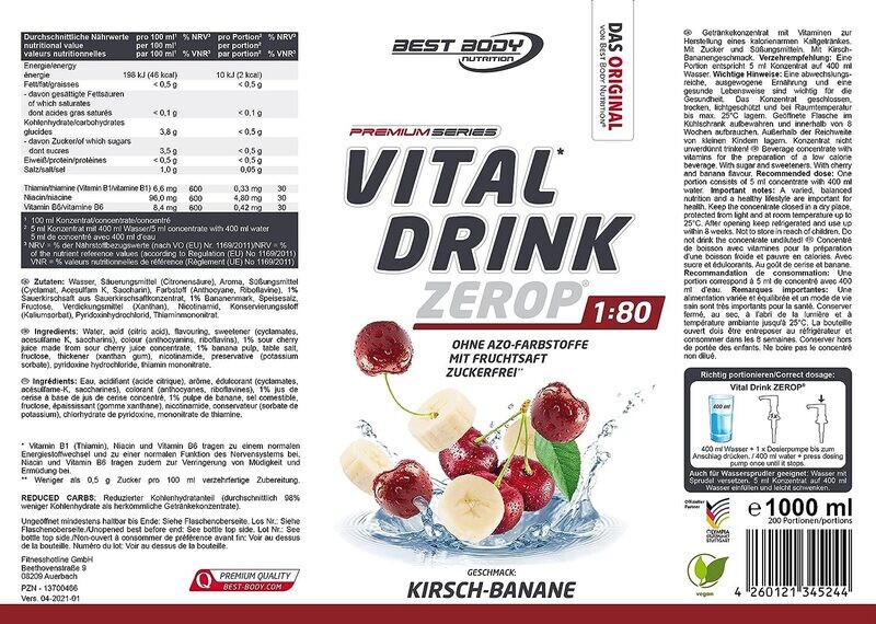 Getränkekonzentrat zuckerfrei Best Body Nutrition Vital Drink ZEROP® - Kirsch-Banane 1:80 1 Liter ergibt 80 Liter Fertiggetränk