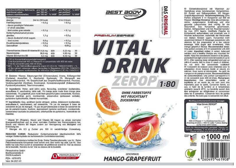 Getränkekonzentrat zuckerfrei Best Body Nutrition Vital Drink ZEROP® - Mango-Grapefruit 1:80 1 Liter ergibt 80 Liter Fertiggetränk