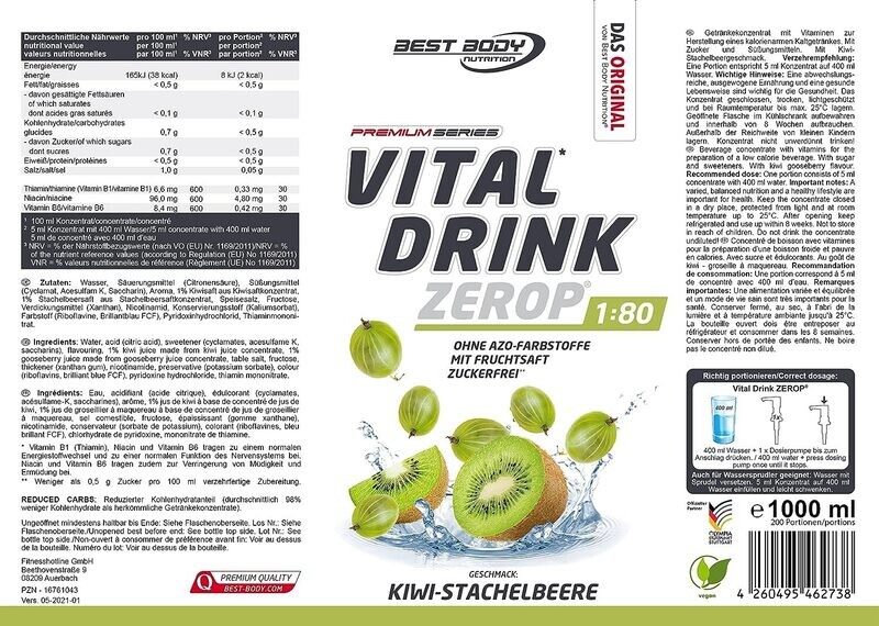 Getränkekonzentrat zuckerfrei Best Body Nutrition Vital Drink ZEROP® - Kiwi-Stachelbeere 1:80 1 Liter ergibt 80 Liter Fertiggetränk
