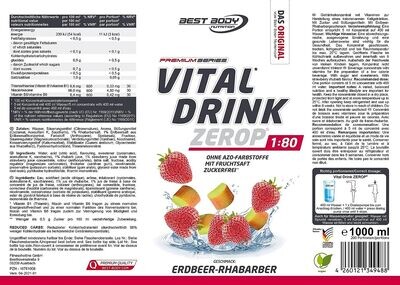 Getränkekonzentrat zuckerfrei Best Body Nutrition Vital Drink ZEROP® - Erdbeer-Rhabarber 1:80 1 Liter ergibt 80 Liter Fertiggetränk