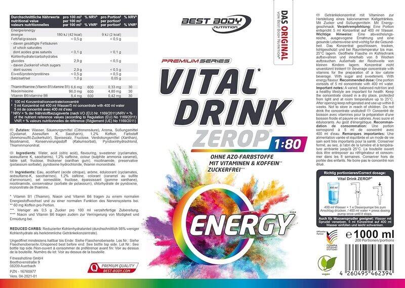 Getränkekonzentrat zuckerfrei Best Body Nutrition Vital Drink ZEROP® - Energy 1:80 1 Liter ergibt 80 Liter Fertiggetränk