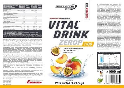 Getränkekonzentrat zuckerfrei Best Body Nutrition Vital Drink ZEROP® - Pfirsich-Maracuja 1:80 1 Liter ergibt 80 Liter Fertiggetränk