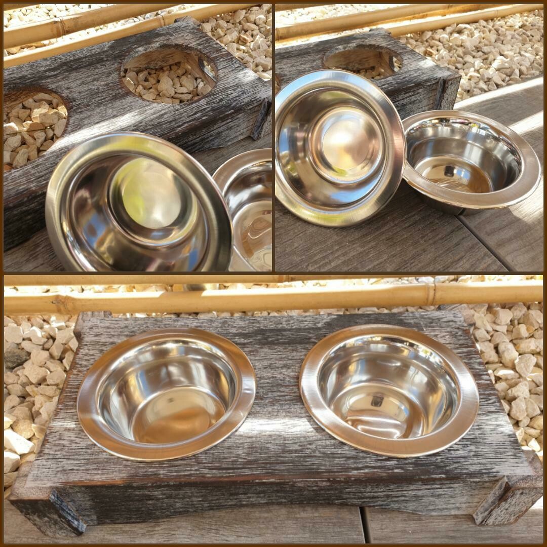 Napf-Set Holz / Edelstahl 2 x 0.2 Liter / 30 cm x 5 cm x 16 cm