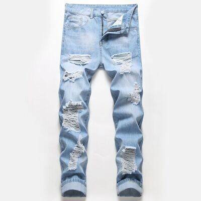 The Big Hole Men's Ripped Jeans Light Blue Straight Pants
